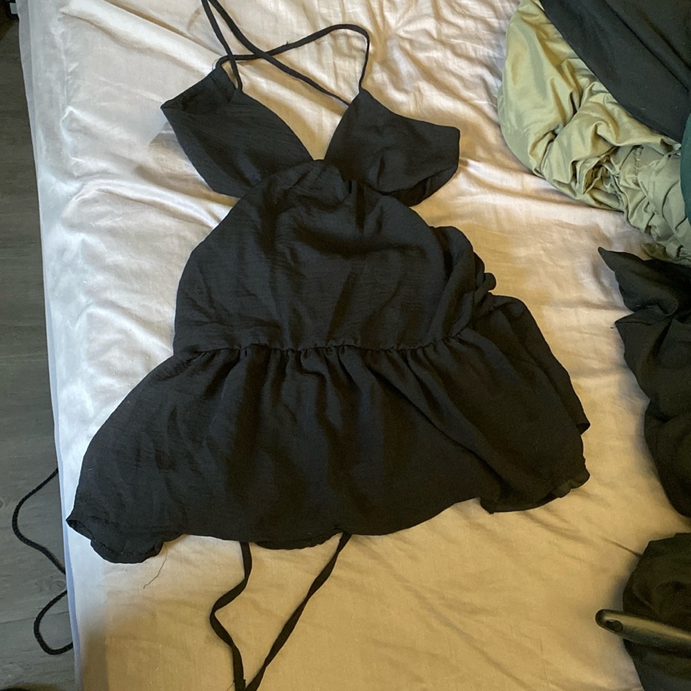 ASOS ASYOU crinkle cross strap flippy mini dress black